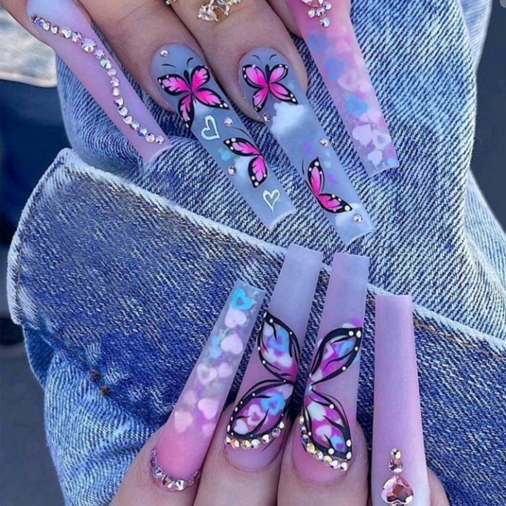 Butterfly Nail Art with Rhinestones